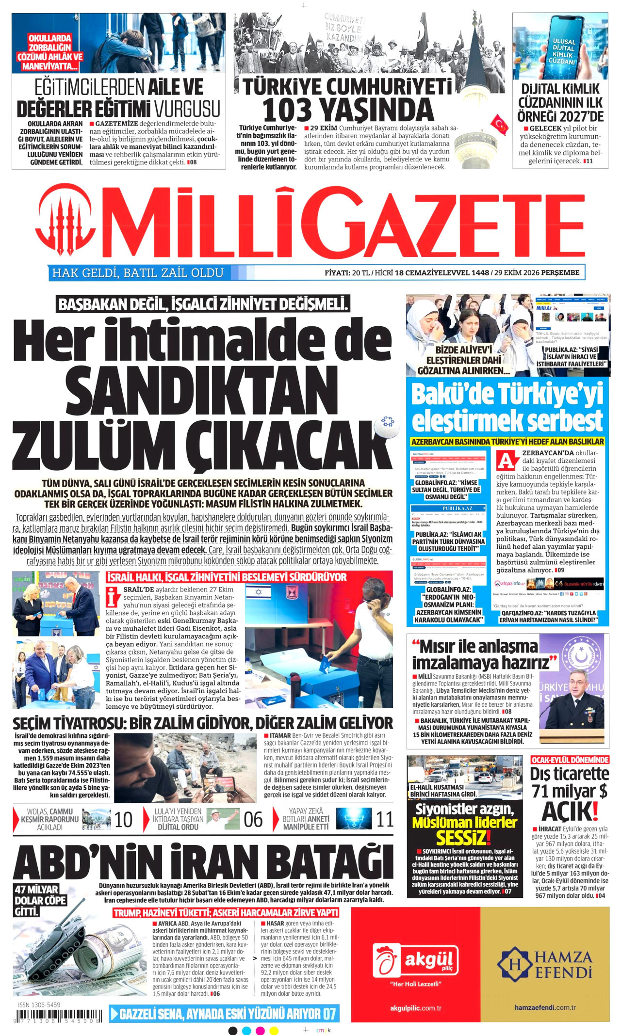 Milli Gazete Gazetesi gazetesi manşeti
