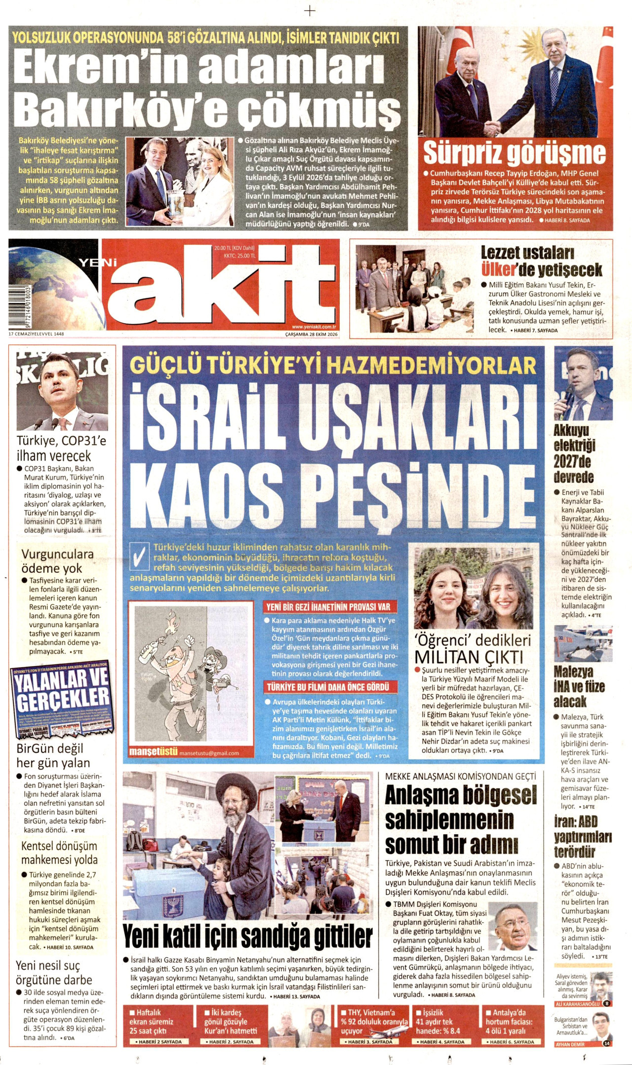 Yeni Akit Gazetesi gazetesi manşeti