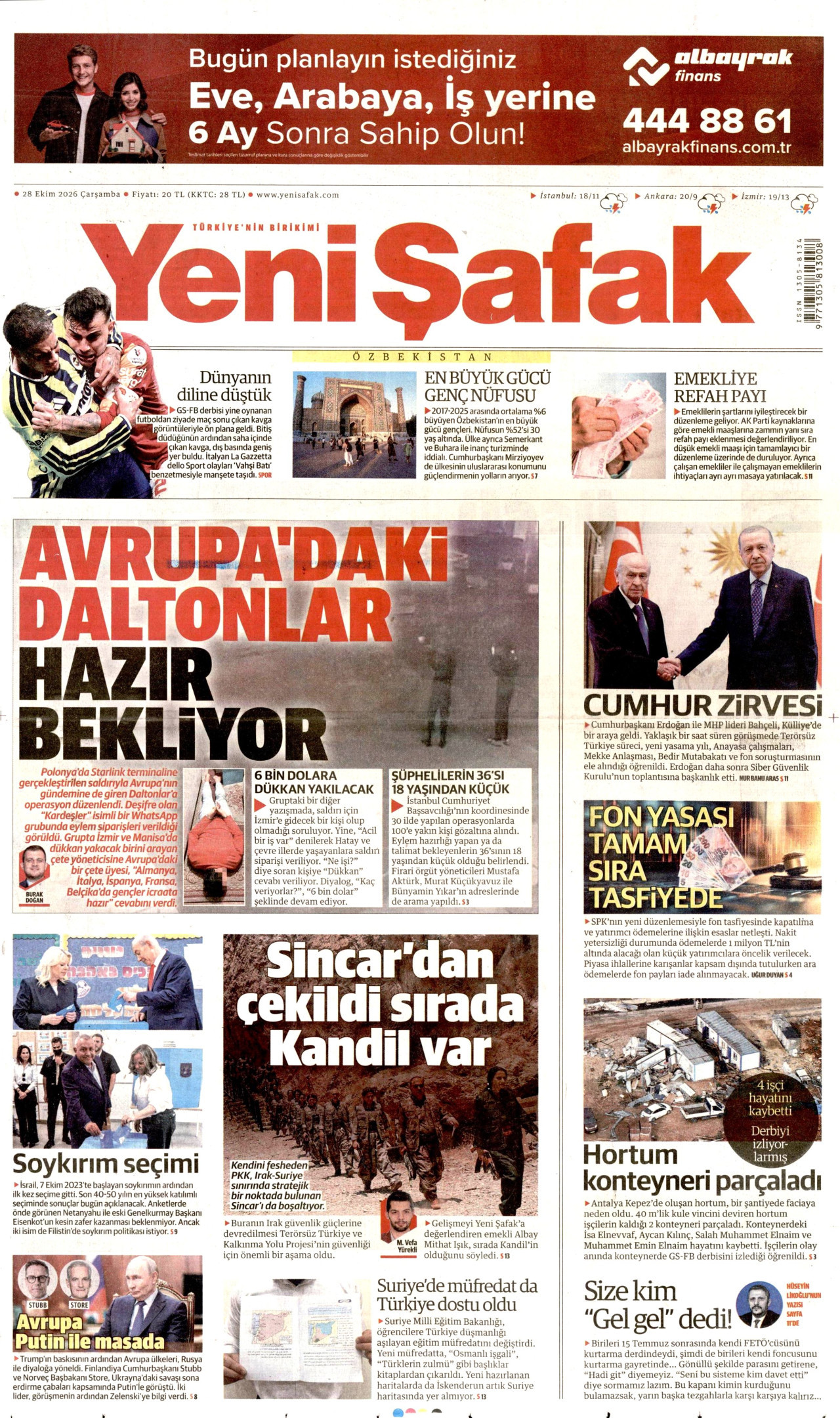 Yeni Şafak Gazetesi gazetesi manşeti