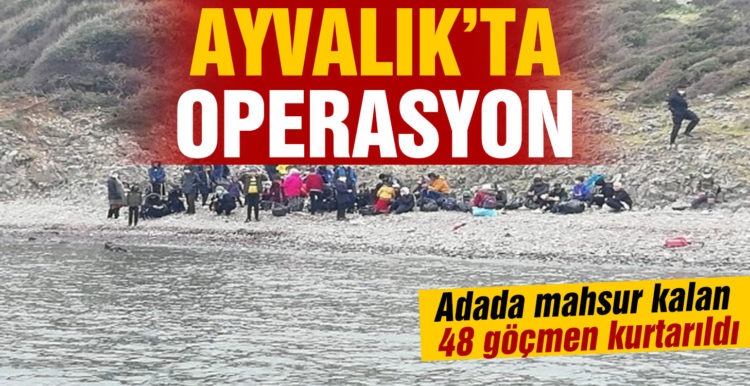 Ayvalık’ta denizde sürüklenerek adada mahsur kalan 48 göçmen kurtarıldı