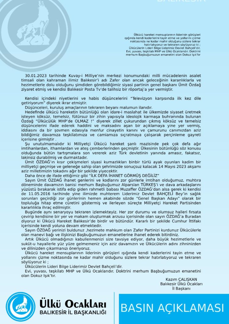 BALIKESİR ÜLKÜ OCAKLARI İL BAŞKANI KAZIM ÇALIŞKAN’DAN ÜMİT ÖZDAĞ’IN SÖZLERİNE SERT TEPKİ